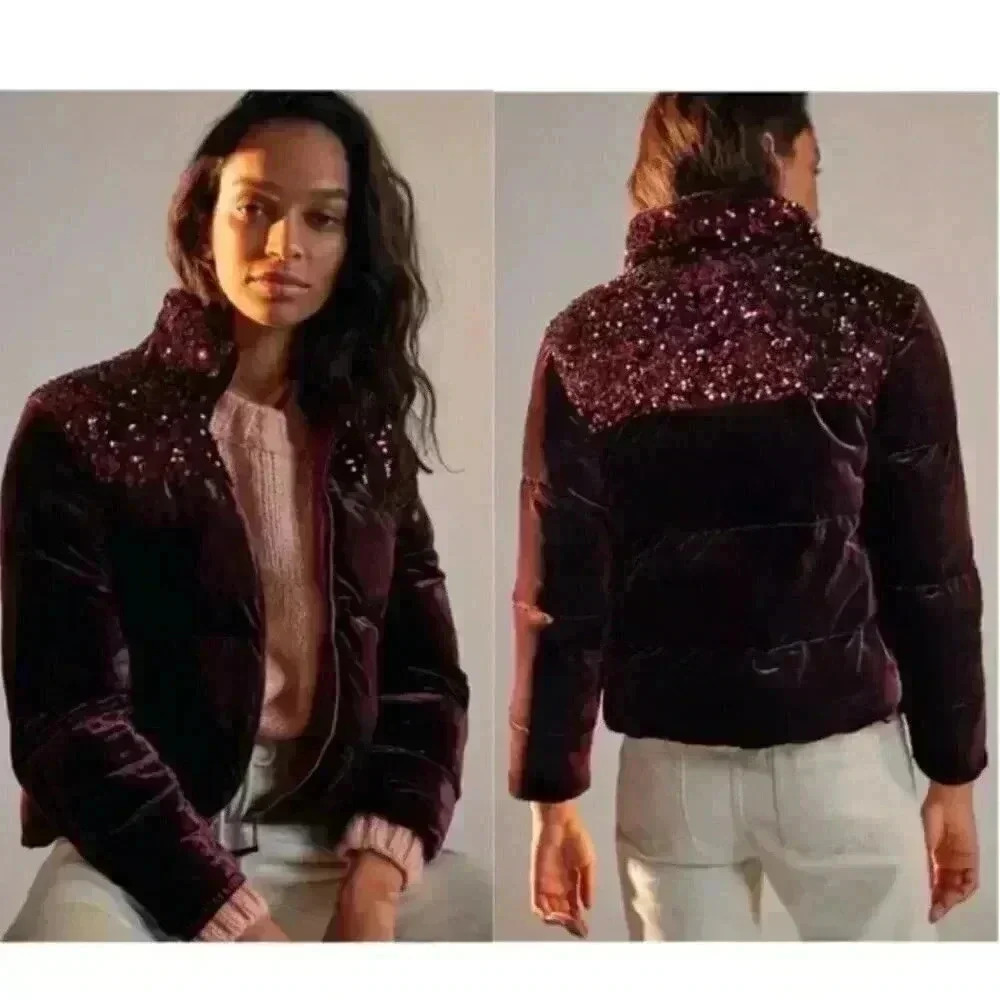 NWT Anthropologie Maeve Vera Sequined Velvet Puffer Red Wine Sparkle Jacket XS